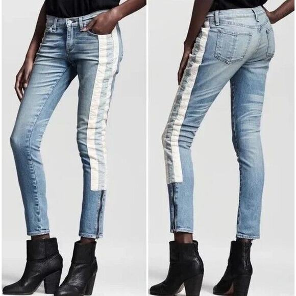 Rag & Bone Jeans Blue The Skinny Racer Relay Ankle Zip Side Striped Denim Sz 27 - Picture 1 of 8